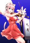  1girl animal_ears blush bow_(instrument) breasts cat_ears cleavage dress ganari_ryuu green_eyes headphones headset highres instrument large_breasts long_hair music open_mouth original pink_hair playing_instrument smile solo super_tama_musume tail tamatoys violin 