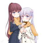  2girls absurdres blue_eyes blush brown_hair eyebrows_visible_through_hair feeding hair_ornament happy_valentine high_ponytail highres long_hair multiple_girls new_game! open_mouth sainohikari scarf shared_scarf silver_hair simple_background smile suzukaze_aoba takimoto_hifumi twintails very_long_hair violet_eyes white_background yellow_scarf 