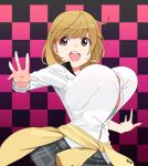  1girl bouncing_breasts breasts brown_eyes brown_hair checkered checkered_background clothes_around_waist huge_breasts jacket_around_waist looking_at_viewer narusawa_ryouka occultic;nine plaid plaid_skirt round_teeth samonegi short_hair skirt smile solo teeth 