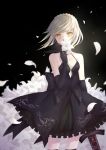  1girl artoria_pendragon_(all) black_dress black_legwear breasts cleavage collarbone cowboy_shot dark_excalibur dress endlessfalling fate/stay_night fate_(series) floating_hair flower gothic_lolita holding holding_flower lolita_fashion looking_at_viewer medium_breasts petals saber_alter short_hair_with_long_locks sidelocks silver_hair sleeveless sleeveless_dress solo standing thigh-highs white_flower yellow_eyes 