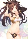  1girl armlet armor arms_up asymmetrical_gloves bangs bare_shoulders black_panties blush bra breasts brown_hair cleavage commentary_request cowboy_shot detached_collar earrings eyebrows_visible_through_hair fang fate/grand_order fate_(series) gloves highres hips hoop_earrings ishtar_(fate/grand_order) jewelry long_hair looking_at_viewer medium_breasts mismatched_underwear multicolored multicolored_background navel open_mouth panties parted_bangs red_eyes sakuraminto sidelocks single_sleeve smile solo standing strapless strapless_bra string_panties thighs tohsaka_rin two_side_up underwear white_bra 