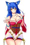  1girl absurdres ahri ahri_(fox) animal_ears bare_shoulders blue_hair breasts cat_ears curvy fang finger_to_mouth highres large_breasts league_of_legends long_hair looking_at_viewer nail_polish slit_pupils smile solo standing thighs wide_hips yellow_eyes 