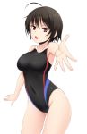  1girl black_hair black_swimsuit commentary_request competition_swimsuit covered_navel cowboy_shot foreshortening fuuma_nagi highres looking_at_viewer multicolored multicolored_clothes multicolored_swimsuit one-piece_swimsuit original red_eyes short_hair solo swimsuit transparent_background 