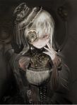  1girl clockwork cross-laced_clothes facial_tattoo gears gothic gothic_wa_mahou_otome hand_on_own_cheek highres lolita_fashion looking_at_viewer night_vision_device red_eyes rosalie_(gothic_wa_mahou_otome) steampunk tattoo upper_body white_hair yae_(mono110) 