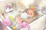  1girl @_@ bathing bathtub blue_eyes blush bosako_(haguhagu) brown_hair bubble commentary counting haguhagu_(rinjuu_circus) horns jellyfish long_hair marker object_on_head original partially_submerged rubber_duck solo towel translated water 