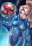  1girl absurdres arm_at_side blonde_hair blue_eyes bodysuit breasts collarbone copyright_name covered_navel cowboy_shot dutch_angle hand_up high_ponytail highres hips lips looking_at_another metroid metroid_(creature) mole mole_under_mouth open_mouth ponytail samus_aran skin_tight zero_suit zuma_(zuma_yskn) 