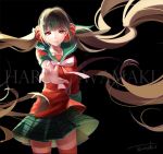  1girl absurdly_long_hair black_hair character_name cowboy_shot dangan_ronpa floating_hair hair_ornament harukawa_maki long_hair looking_at_viewer miniskirt neck_ribbon new_dangan_ronpa_v3 outstretched_arm pleated_skirt red_eyes red_legwear red_shirt ribbon shirt short_sleeves signature simple_background skirt solo standing teneko thigh-highs twintails very_long_hair white_background white_ribbon zettai_ryouiki 