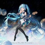  1girl achyue anniversary aqua_hair blue_eyes boots character_name detached_sleeves electric_guitar full_body guitar hatsune_miku headset highres instrument long_hair necktie open_mouth revision skirt solo thigh-highs thigh_boots twintails very_long_hair vocaloid 