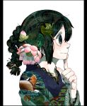  1girl alternate_hairstyle animal_print asui_tsuyu blue_nails boku_no_hero_academia braid collarbone commentary_request finger_to_mouth flower frog frog_print from_side green_eyes green_hair hair_tie japanese_clothes kimono lily_pad looking_away lotus nail_art nail_polish nekodou_(yukatin1000) pale_skin simple_background solo upper_body white_background 