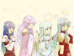  4girls aqua_hair armor blue_eyes blue_hair blush cape dress eirika elbow_gloves fire_emblem fire_emblem:_fuuin_no_tsurugi fire_emblem:_mystery_of_the_emblem fire_emblem:_rekka_no_ken fire_emblem:_seima_no_kouseki fire_emblem_heroes gloves highres long_hair multiple_girls ninian open_mouth pegasus_knight polearm sheeda skirt smile weapon 