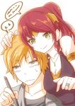  1boy 1girl bare_shoulders blonde_hair blouse blue_eyes blush breasts forehead_protector green_eyes hand_on_another&#039;s_head jaune_arc jewelry moai_(moai_world) necklace pen ponytail pyrrha_nikos redhead ring rwby smile thought_bubble 