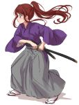  1girl aikatsu! brown_hair closed_mouth from_side hakama highres holding holding_sheath holding_sword holding_weapon japanese_clothes katana light_blush long_hair long_sleeves ponytail profile samurai sandals sekina sheath shibuki_ran simple_background sketch socks solo standing sword unsheathing violet_eyes weapon white_background wide_sleeves 