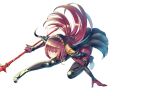  1girl bodysuit brown_hair eyebrows_visible_through_hair fate/grand_order fate_(series) floating_hair full_body gloves hair_between_eyes hair_ornament holding holding_weapon i.f.s.f long_hair looking_at_viewer polearm purple_gloves red_eyes scathach_(fate/grand_order) simple_background smile solo spear very_long_hair weapon white_background 