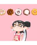  +_+ 1girl aori_(splatoon) apron black_hair blush doughnut earrings food hungry interlocked_fingers jewelry licking_lips looking_up m10shangrila mole mole_under_eye overalls pointy_ears solo sparkle splatoon symbol-shaped_pupils tentacle_hair tongue tongue_out yellow_eyes 