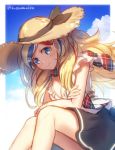  1girl alternate_costume black_skirt blonde_hair blue_eyes blue_hair blush breasts cleavage commandant_teste_(kantai_collection) hair_ornament hat kantai_collection long_hair looking_at_viewer mk multicolored_hair open_mouth redhead skirt smile streaked_hair sun_hat twitter_username 