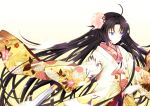  1girl ahoge black_hair blue_eyes floating_hair flower hair_flower hair_ornament japanese_clothes kara_no_kyoukai kimono kotobuki_(momoko_factory) long_hair pink_flower ryougi_shiki solo standing very_long_hair 