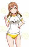  1girl bangs blush brown_hair buruma clenched_hands commentary_request cowboy_shot eyebrows_visible_through_hair gluteal_fold gym_uniform hand_on_hip kunikida_hanamaru long_hair love_live! love_live!_sunshine!! name_tag short_sleeves simple_background smile solo white_background yellow_buruma yellow_eyes yopparai_oni 