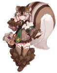  1girl :3 absurdres animal_ears bag bare_shoulders blush brown_dress brown_hair closed_mouth dress eyebrows_visible_through_hair fluffy full_body fur gradient_hair green_eyes hair_between_eyes highres kenkou_cross looking_at_viewer monster_girl monster_girl_encyclopedia multicolored_hair official_art outstretched_arm paws petite puffy_sleeves ratatoskr_(monster_girl_encyclopedia) scroll short_hair simple_background smile solo squirrel_ears squirrel_tail streaked_hair striped_tail tail white_background white_hair 