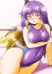  1girl blush breast_hold breasts brown_hair d-m_(dii_emu) gradient_hair highres hijiri_byakuren long_hair looking_at_viewer multicolored_hair one-piece_swimsuit open_mouth purple_hair sitting solo swimsuit touhou two-tone_hair 