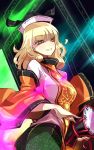  1girl bangs black_hat blonde_hair blush breasts detached_sleeves drum from_side green_skirt hat highres instrument large_breasts long_hair long_sleeves looking_at_viewer looking_to_the_side matara_okina orange_eyes parted_lips raptor7 skirt smile solo tabard touhou wide_sleeves 