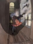  1girl back fog fumiyomogi grey_eyes grey_hair hallway highres holding_lantern lantern looking_back original red_cloak solo standing window 