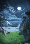  angelmaster arsenixc beach clouds cloudy_sky comic commentary full_moon grass highres horizon monolith_(object) moon night night_sky no_humans ocean outdoors pillar reflection rock ruins sand scenery shadow shore sky stone temple water_surface watermark 