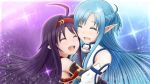  2girls ahoge asuna_(sao) asuna_(sao-alo) blue_hair closed_eyes detached_sleeves floating_hair hairband highres hug long_hair multiple_girls open_mouth pointy_ears red_hairband shikori smile sparkle sword_art_online tears upper_body very_long_hair yuuki_(sao) 