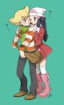  1boy 1girl bag beanie behind_another black_eyes black_hair blonde_hair blush boots brown_eyes cheek-to-cheek coat green_background green_scarf hands_on_another&#039;s_shoulders hat hetero hikari_(pokemon) jun_(pokemon) leaning_on_person long_hair messenger_bag nuzzle one_eye_closed pink_boots pokemon pokemon_(game) pokemon_dppt red_coat remotarou scarf shoulder_bag simple_background striped striped_sweater sweater winter_clothes winter_coat 