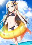  1girl :d abigail_williams_(fate/grand_order) bangs bare_legs barefoot bell_(oppore_coppore) bikini black_bikini blonde_hair blue_sky bow breasts day dutch_angle fate/grand_order fate_(series) full_body hair_bow horizon innertube long_hair looking_at_viewer lowleg lowleg_bikini navel open_mouth outdoors parted_bangs sidelocks sky small_breasts smile solo sunlight swimsuit 