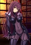  1girl armor bodysuit breasts brick_wall cleavage commentary_request covered_navel cowboy_shot fate/grand_order fate_(series) grin hair_between_eyes large_breasts long_hair looking_at_viewer nonaka_ritsu pauldrons purple_bodysuit purple_hair red_eyes scathach_(fate/grand_order) shoulder_armor smile solo window 