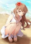  1girl bangs beach blush brown_eyes brown_hair commentary_request dress flower hair_flower hair_ornament hands_on_own_knees hazuki_natsu long_hair love_live! love_live!_school_idol_project minami_kotori sand_writing sandals solo squatting sundress white_dress 