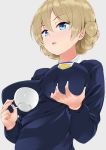  1girl amasora_taichi bangs blonde_hair blue_eyes blush braid breast_lift breasts cup darjeeling eyebrows_visible_through_hair girls_und_panzer grabbing_own_breast grey_background hair_between_eyes half-closed_eyes highres holding holding_cup large_breasts parted_lips sidelocks simple_background solo st._gloriana&#039;s_school_uniform sweater teacup tsurime upper_body 