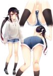  1girl ass bangs black_hair black_legwear black_shoes blush close-up closed_mouth full_body hair_between_eyes hair_flaps high_tops highres hood hoodie kneepits long_hair multiple_views navel original panties panties_under_shorts panty_peek ponytail setsuna_(miraichizu) shoes short_shorts shorts side_ponytail sidelocks simple_background sitting sleeves_past_wrists sneakers socks thighs topless underwear very_long_hair violet_eyes white_background white_panties zero_(miraichizu) 