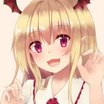  1girl :d beige_background blonde_hair blush eyebrows_visible_through_hair fangs granblue_fantasy head_wings long_hair looking_at_viewer nikitan_(niki) open_mouth pink_eyes pointy_ears simple_background smile solo upper_body vampy 