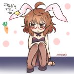  1girl :&lt; ahoge animal_ears bare_shoulders black_shoes blush brown_eyes brown_hair carrot choker dated glasses knees_together_feet_apart leotard lowres pantyhose playboy_bunny_leotard pote_(ptkan) rabbit_ears red_glasses semi-rimless_glasses shoes short_hair sitting sleeveless solo touhou translation_request under-rim_glasses usami_sumireko white_background 