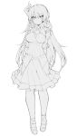  1girl arms_at_sides bangs breasts closed_mouth expressionless eyebrows_visible_through_hair full_body greyscale haruyuki_(yukichasoba) highres horn long_hair medium_breasts monochrome original simple_background skirt solo standing tsurime 