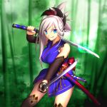 1girl bamboo bamboo_forest blue_eyes blue_kimono brown_legwear cowboy_shot day detached_sleeves dual_wielding eyebrows_visible_through_hair fate/grand_order fate_(series) forest grin hair_ornament holding holding_sword holding_weapon japanese_clothes kimono kimono_skirt long_hair looking_at_viewer miyamoto_musashi_(fate/grand_order) nature outdoors ponytail sheath shori39639 silver_hair sleeveless sleeveless_kimono smile solo standing sword thigh-highs weapon 