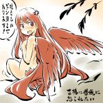  1girl anger_vein blush brown_eyes long_hair looking_back nude open_mouth sitting solo touhou translation_request very_long_hair wings yudepii 