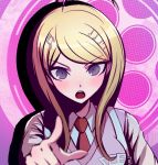  1girl ahoge akamatsu_kaede black_eyes blonde_hair dangan_ronpa eyebrows_visible_through_hair index_finger_raised long_hair looking_at_viewer musical_note_hair_ornament necktie new_dangan_ronpa_v3 open_mouth portrait qosic red_necktie solo 