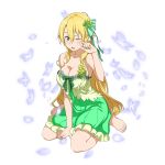  1girl barefoot blonde_hair blush breasts butterfly cleavage full_body green_eyes hand_on_own_cheek highres insect_on_head large_breasts leafa long_hair open_mouth pointy_ears ponytail sitting solo strap_slip sword_art_online wariza 