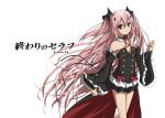  1girl artist_name black_dress black_ribbon bow bowtie choker copyright_name detached_sleeves dress eyebrows_visible_through_hair flat_chest floating_hair hair_between_eyes hair_ornament ingi krul_tepes long_hair looking_at_viewer owari_no_seraph pink_hair red_bow red_bowtie red_eyes ribbon short_dress simple_background sleeveless sleeveless_dress smile solo standing twintails very_long_hair white_background 