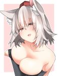  1girl animal_ears bare_shoulders breasts cleavage collarbone hat highres inubashiri_momiji kz_oji large_breasts looking_at_viewer pink_background red_eyes smile solo tokin_hat touhou two-tone_background white_hair wolf_ears 