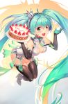  1girl :d ahoge aqua_eyes aqua_hair ass black_gloves black_legwear breasts cake cleavage duan_henglong elbow_gloves food fruit gloves happy_birthday hatsune_miku high_heels highres long_hair necktie open_mouth racequeen racing_miku revision smile solo strawberry thigh-highs twintails very_long_hair vocaloid 