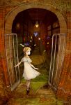  1girl back blonde_hair blue_eyes braid butterfly dress fumiyomogi gate hallway highres light_bulb looking_back mural original solo 