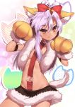  1girl :q animal_ears bell black_skirt bow breasts chloe_von_einzbern cleavage collar cowboy_shot dark_skin eyebrows_visible_through_hair fate/kaleid_liner_prisma_illya fate_(series) fox_ears fox_tail gloves hair_bell hair_between_eyes hair_bow hair_ornament highres ilxodidli long_hair looking_at_viewer microskirt midriff navel orange_eyes paw_gloves paws pink_hair red_bow skirt small_breasts solo standing stomach tail tongue tongue_out under_boob yellow_gloves 