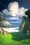  angelmaster arsenixc beach blue_sky clouds cloudy_sky comic commentary day grass highres horizon monolith_(object) no_humans ocean outdoors pillar reflection rock ruins sand scenery shadow shore sky stone temple water_surface watermark 