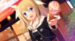  1girl :d arimura_hinae blonde_hair blue_eyes chaos;child collarbone dutch_angle eyebrows_visible_through_hair fang food hair_between_eyes hair_ribbon holding holding_food ice_cream long_hair open_mouth outdoors outstretched_arm ribbon sahuyaiya smile solo twintails white_ribbon 
