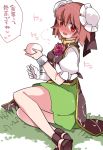  1girl bandage baozi blush chains commentary_request cuffs double_bun food hammer_(sunset_beach) ibaraki_kasen looking_at_viewer open_mouth pink_hair red_eyes shackles short_hair skirt smile solo touhou translation_request 