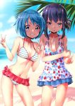  2girls akemi_homura bangs beach bikini bikini_skirt black_hair blue_hair blue_skirt blue_sky blush breasts clouds cloudy_sky collarbone commentary_request day double_v eyebrows_visible_through_hair grin highres looking_at_viewer mahou_shoujo_madoka_magica medium_breasts microskirt miki_sayaka multiple_girls one-piece_swimsuit outdoors palm_tree parted_lips red_skirt revision rin2008 short_hair sidelocks skirt sky smile standing striped striped_bikini sweat swimsuit thighs tree v violet_eyes wet white_swimsuit 