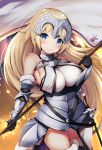  1girl bare_shoulders black_gloves blonde_hair blue_eyes blush breasts cisyo closed_mouth fate/apocrypha fate_(series) gloves headpiece highres large_breasts long_hair looking_at_viewer polearm ruler_(fate/apocrypha) smile solo sword weapon 